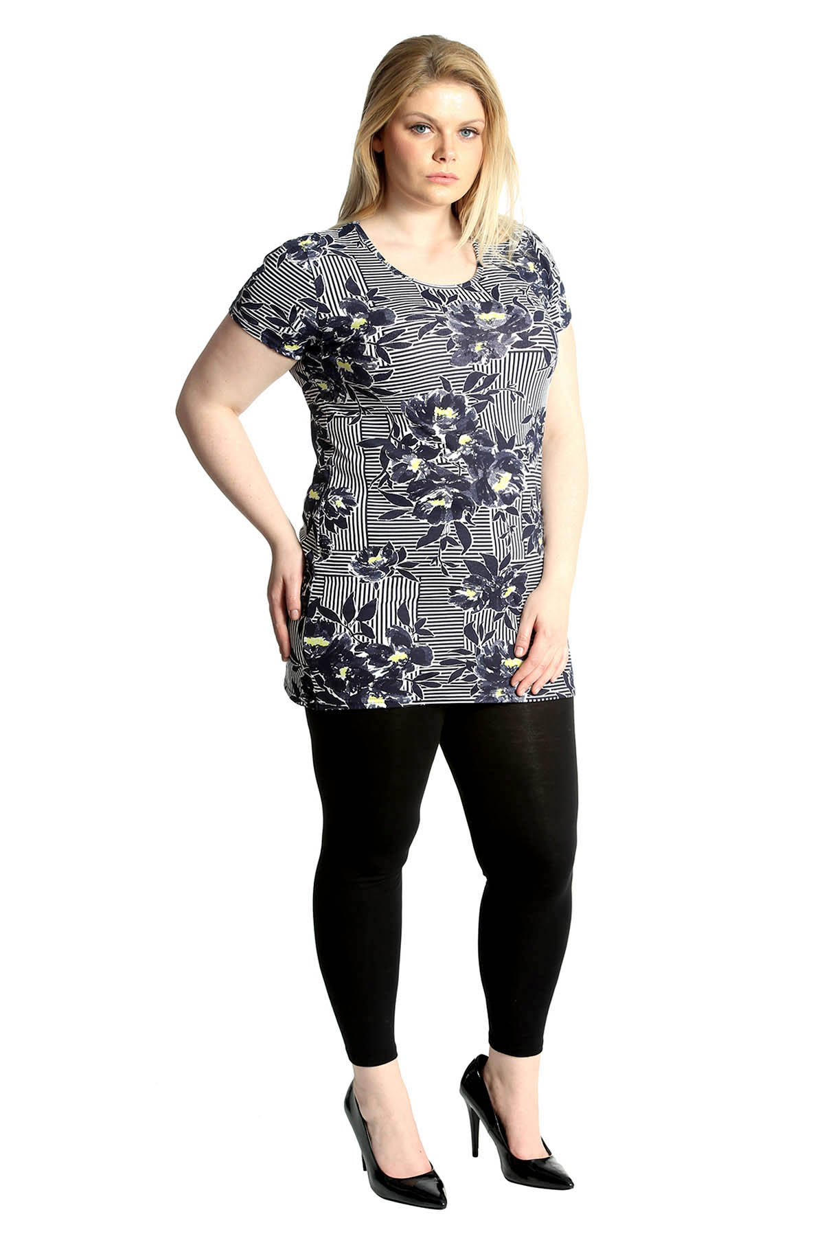 Neu Damen Übergröße Oben Frau Streifen Blumen Druck T-Hemd Tunika Lange T-Shirt