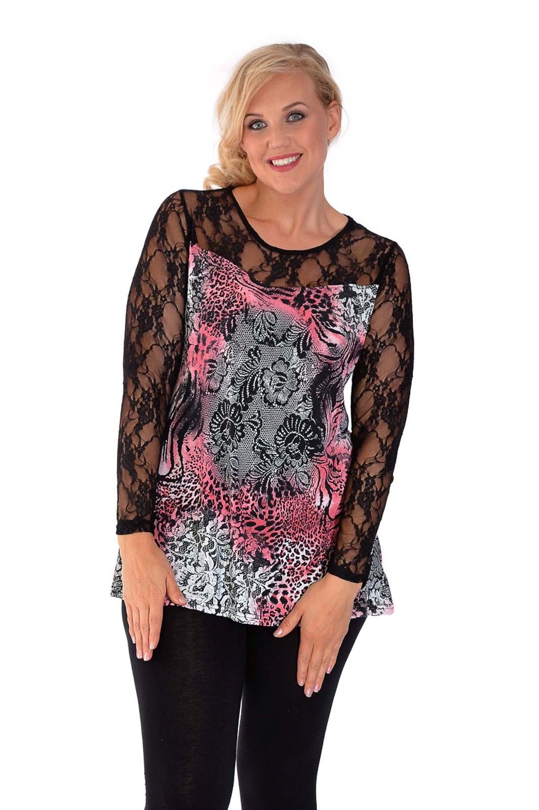 New Ladies Plus Size Top Womens Animal Print Tunic Black Lace Sale