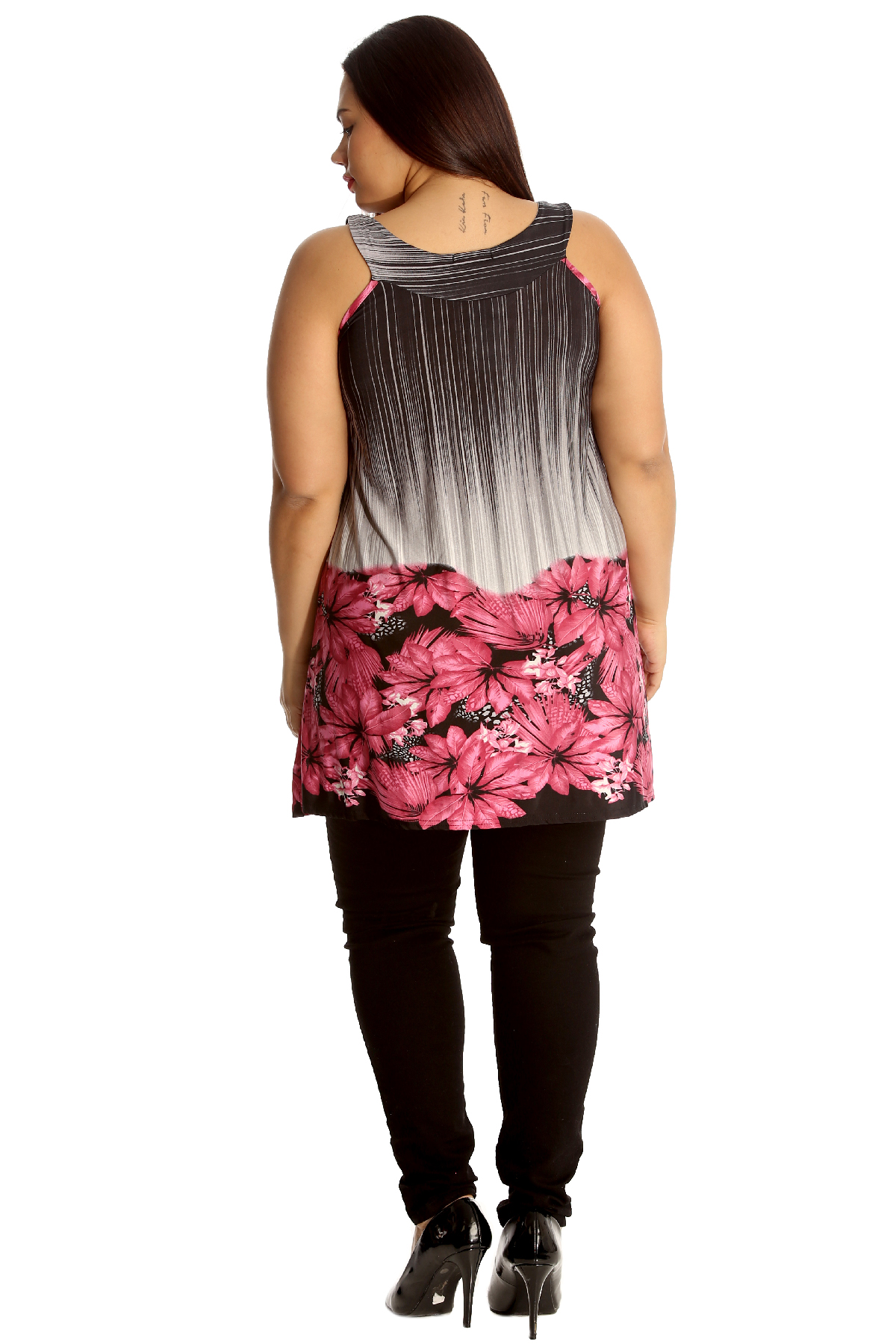 Details about / New Womens Plus Size Top Studded Neck Flower Sleeveless Long Tunic Nouvelle
