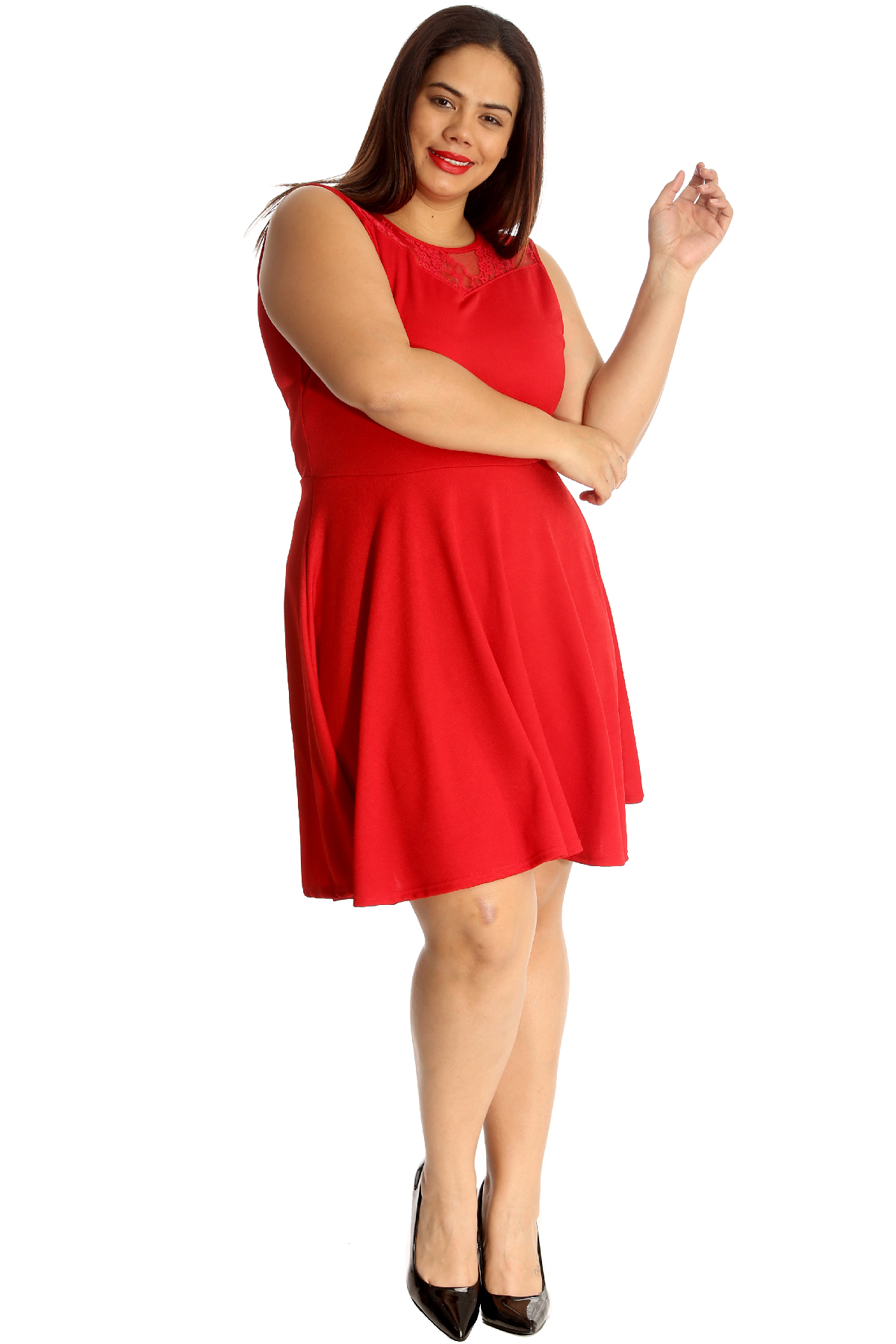 New Ladies Plus Size Dress Skater Womens Lace Neck Sleeveless Flared Nouvelle