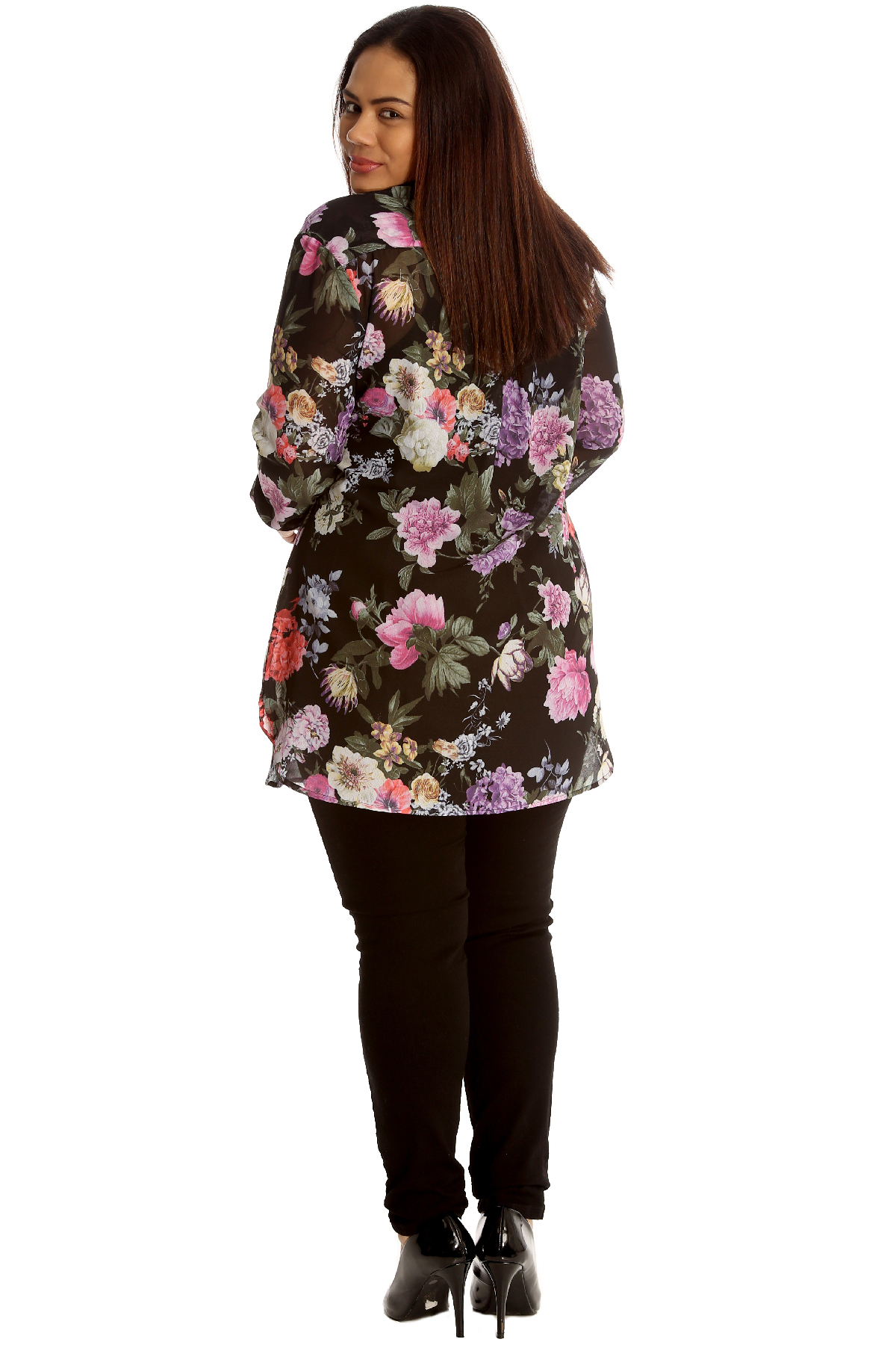 New Womens Plus Size Shirt Ladies Floral Print Top Chiffon Collared Button Cuffs