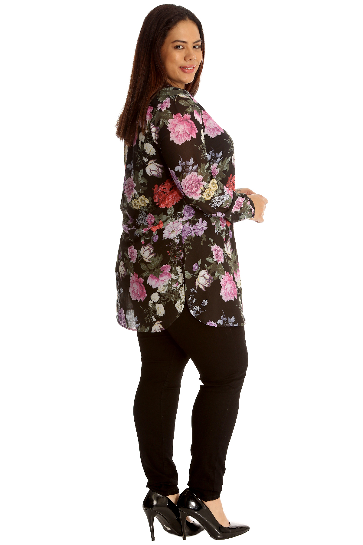 New Womens Plus Size Shirt Ladies Floral Print Top Chiffon Collared Button Cuffs