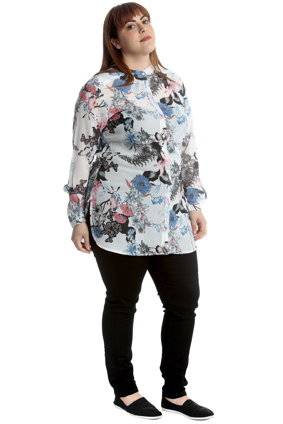 New Womens Plus Size Shirt Ladies Floral Butterfly Top Button Long Sleeves Ban