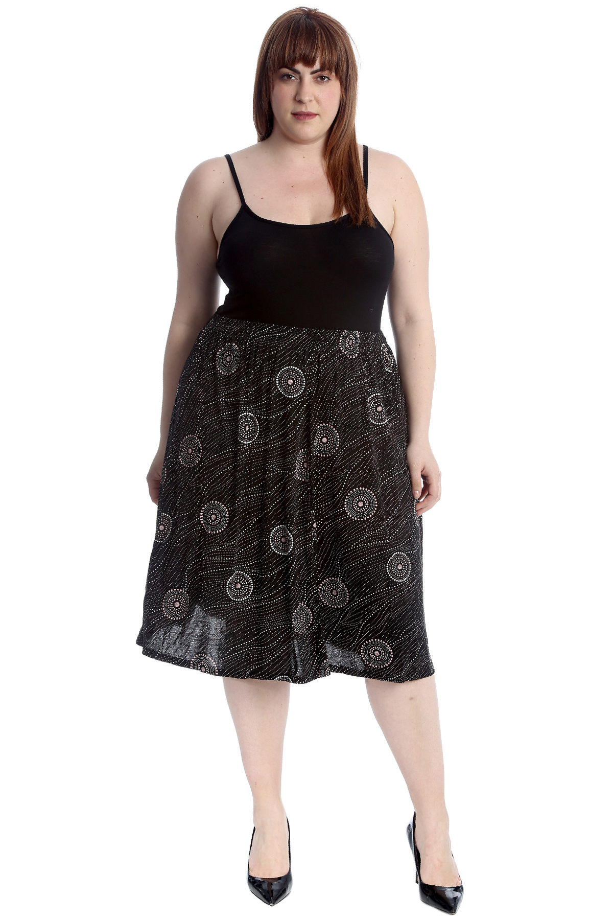 New Womens Skirt Plus Size Ladies Abstract Circle Striped Print Skater Knee Long