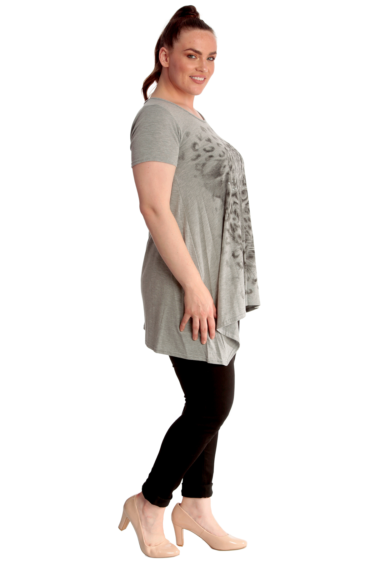 Ladies Top Womens Plus Size Leopard Print Sequin Glitter Asymmetric Nouvelle