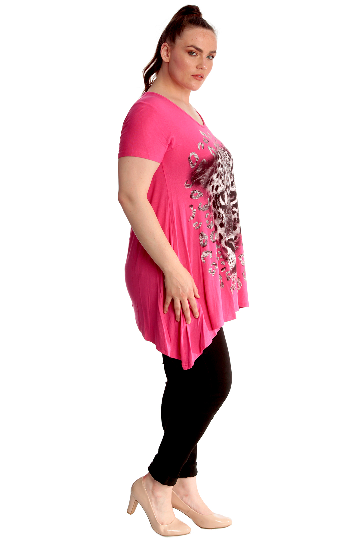 Ladies Top Womens Plus Size Leopard Print Sequin Glitter Asymmetric Nouvelle