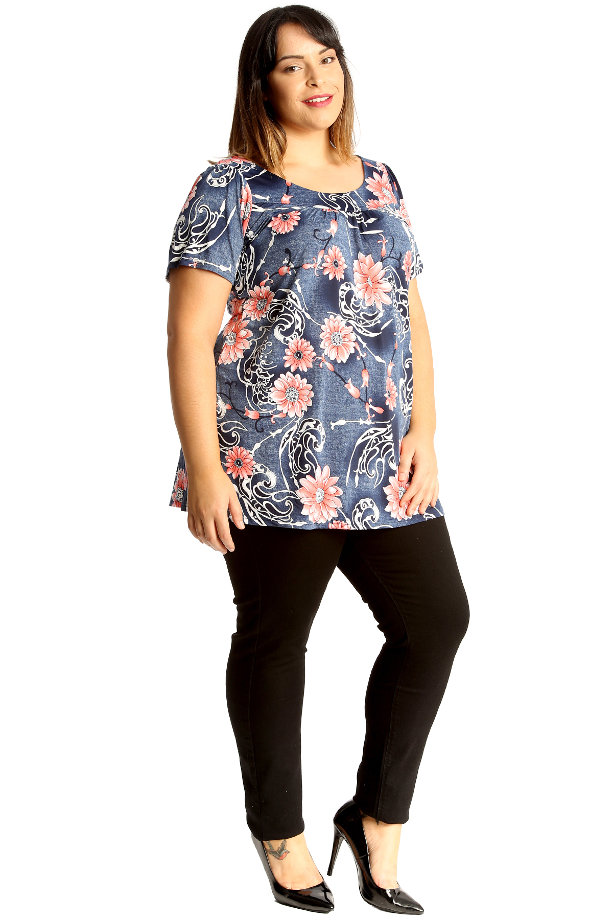 New Womens Plus Size Top Ladies Floral Print Smock Tunic Shirt Denim Paisley