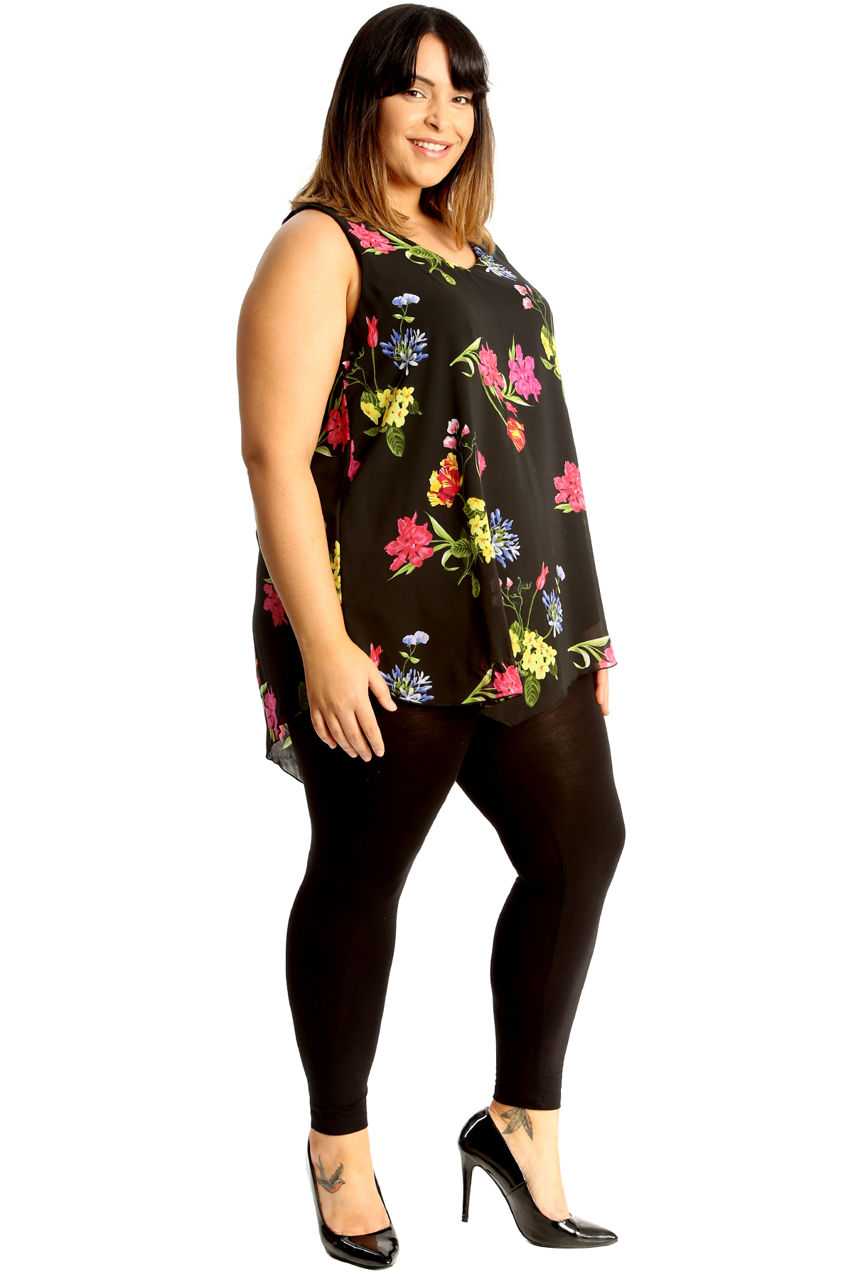 New Womens Plus Size Top Ladies Chiffon Floral Print Sleeveless Tunic Hanky Hem