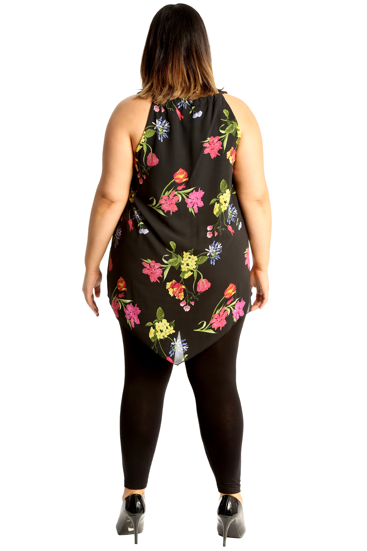 New Womens Plus Size Top Ladies Chiffon Floral Print Sleeveless Tunic Hanky Hem