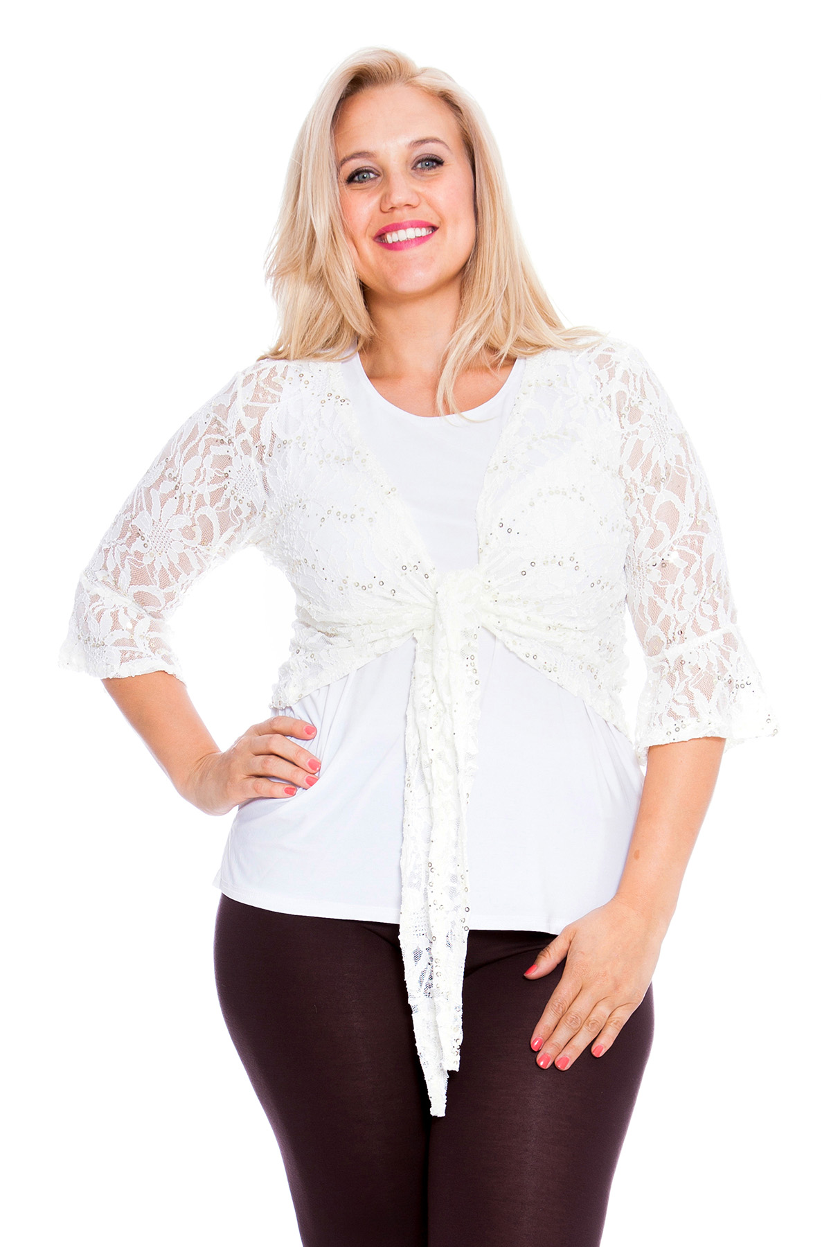 New Womens Shrug Plus Size Ladies Floral Lace Front Tie Sequin Top