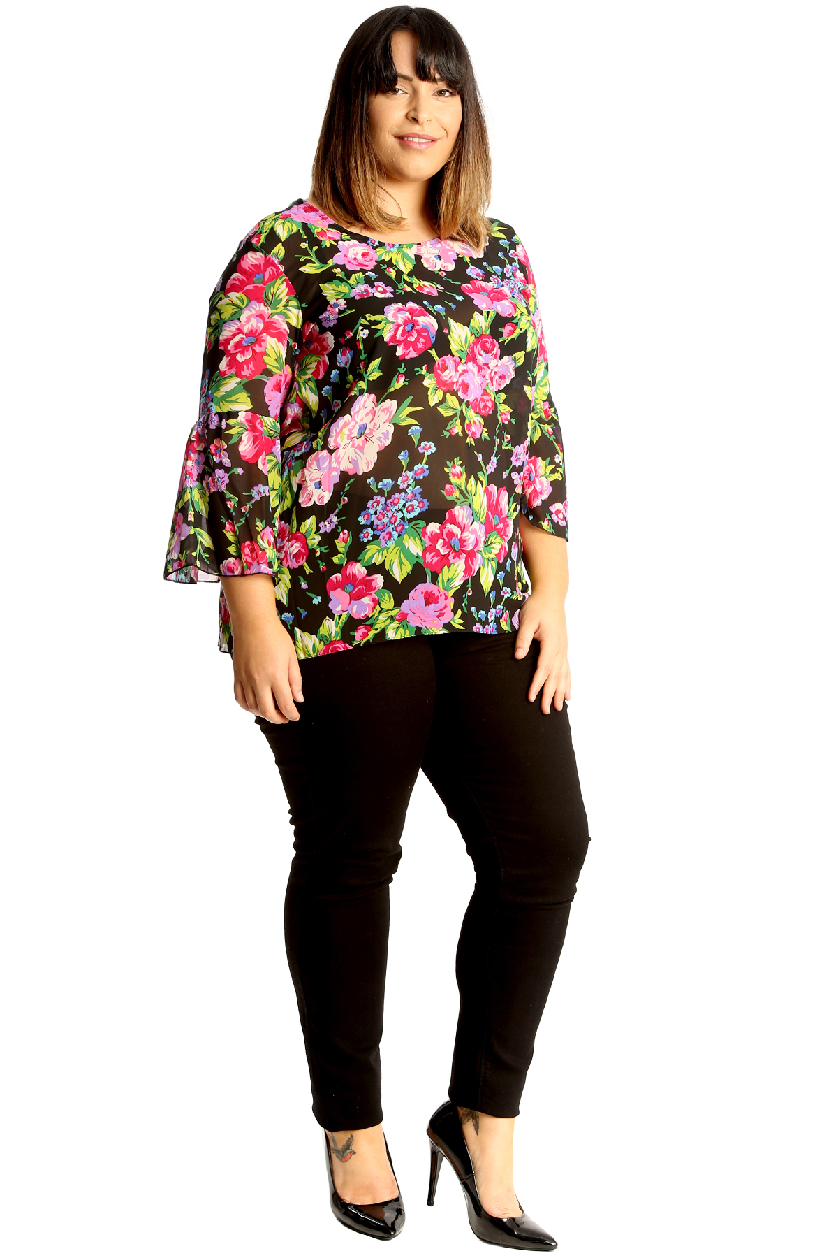 New Womens Plus Size Chiffon Top Ladies Floral Print Tunic Frill Sleeve Blouse