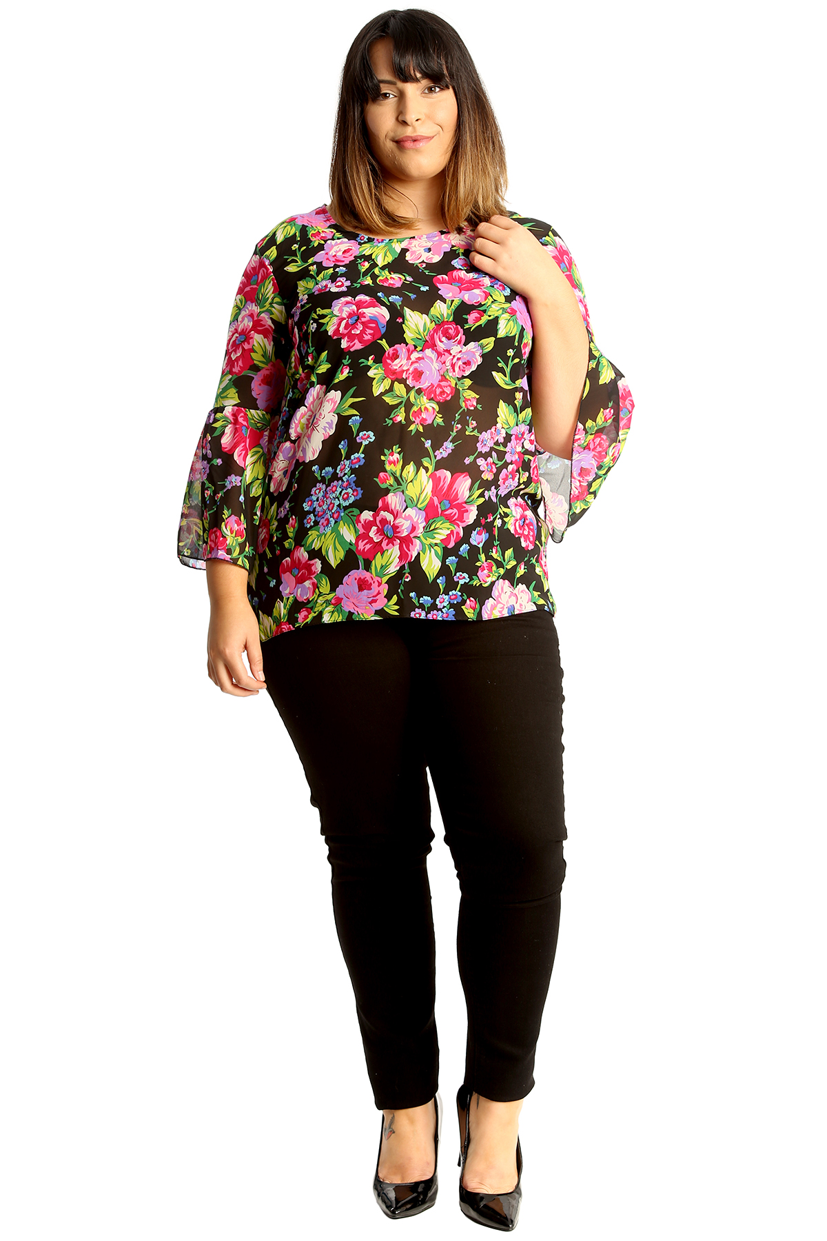 New Womens Plus Size Chiffon Top Ladies Floral Print Tunic Frill Sleeve Blouse