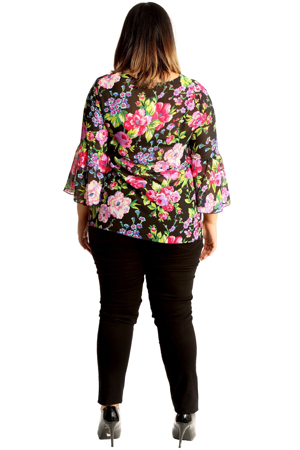 New Womens Plus Size Chiffon Top Ladies Floral Print Tunic Frill Sleeve Blouse