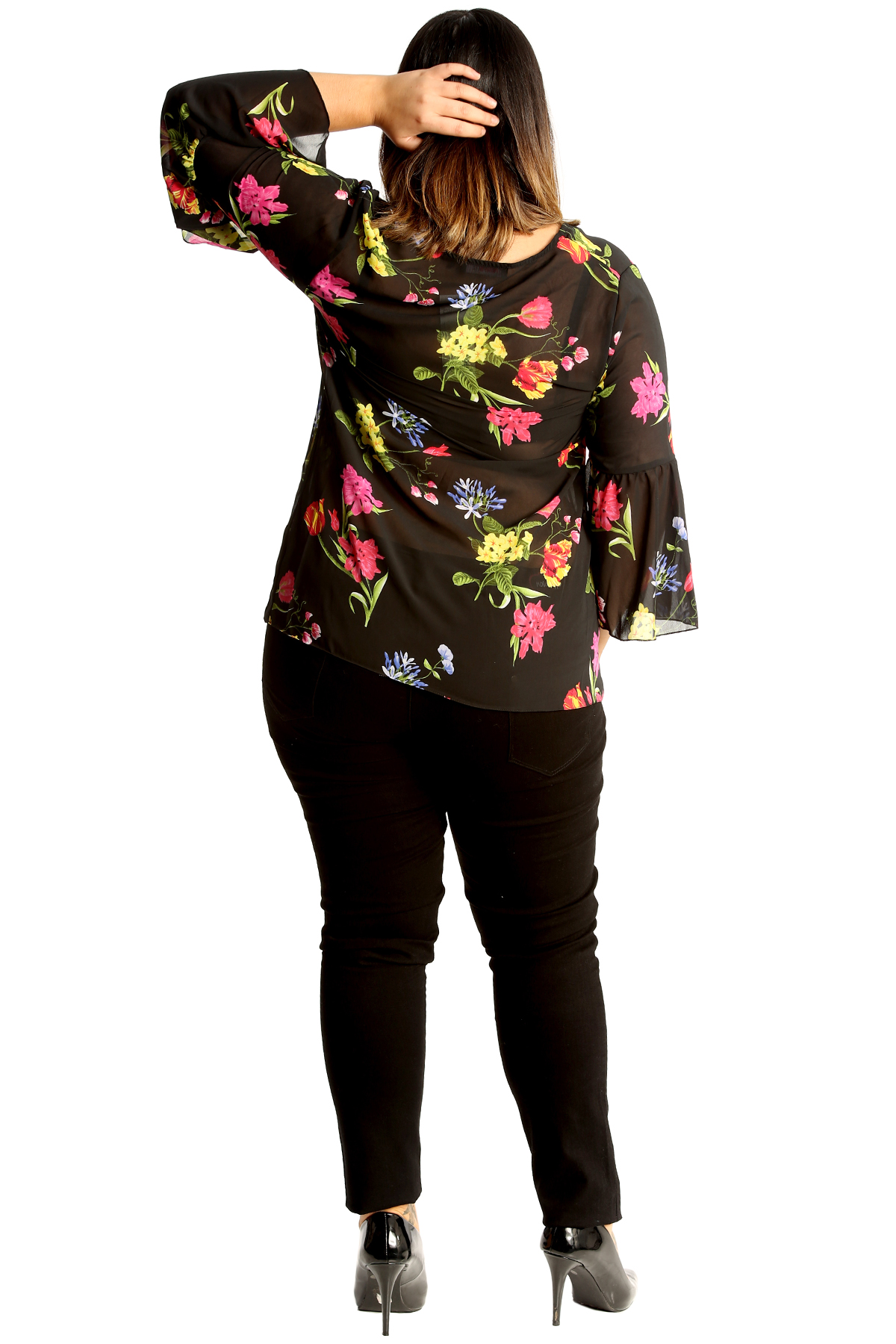 New Ladies Plus Size Top Womens Chiffon Floral Print Blouse Frill Sleeve Tunic