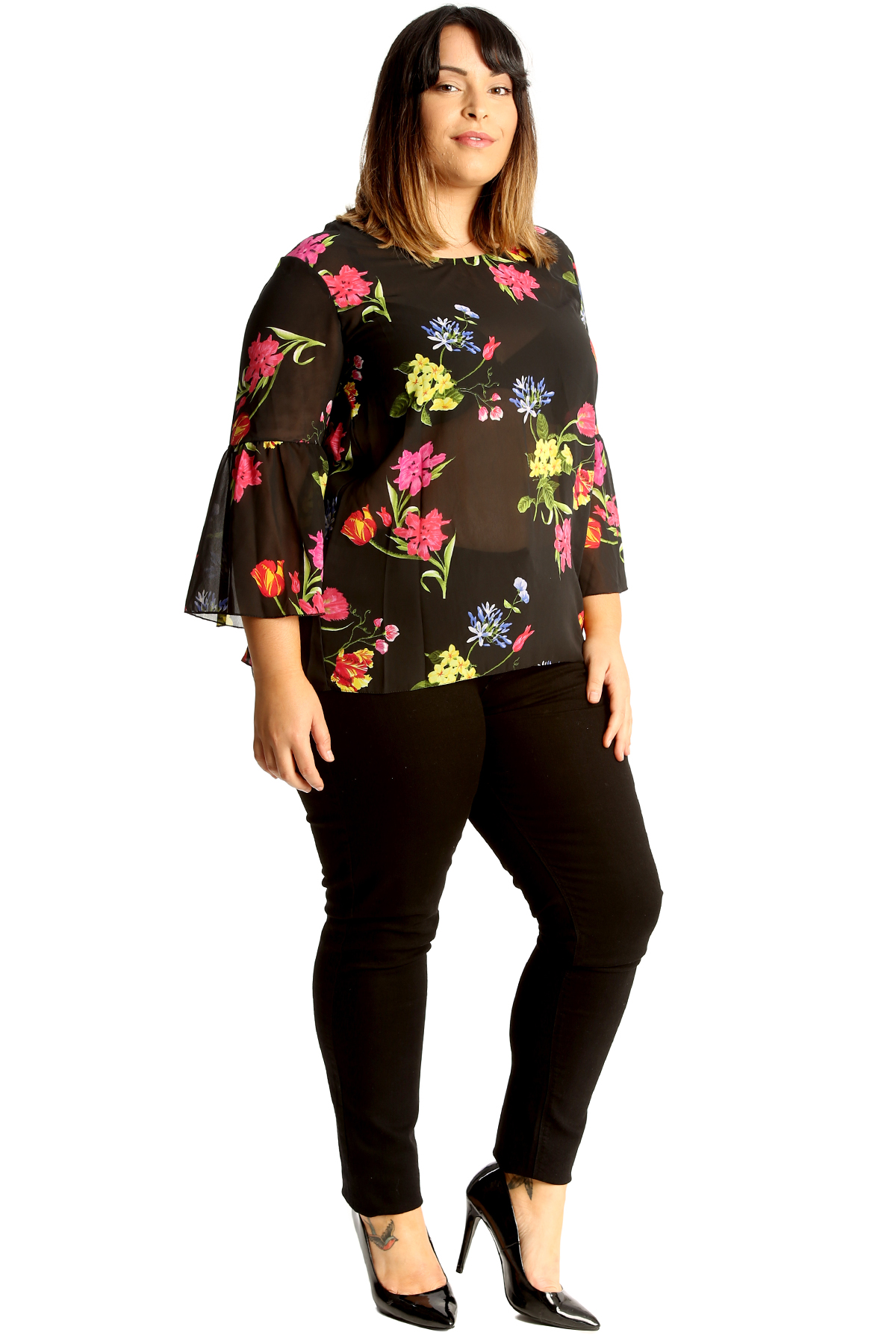 New Ladies Plus Size Top Womens Chiffon Floral Print Blouse Frill Sleeve Tunic