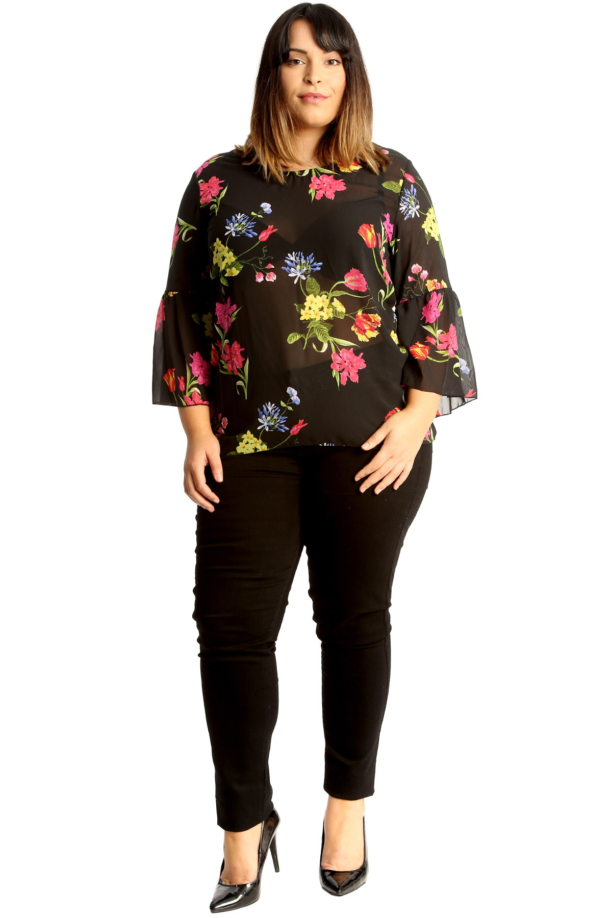 New Ladies Plus Size Top Womens Chiffon Floral Print Blouse Frill Sleeve Tunic