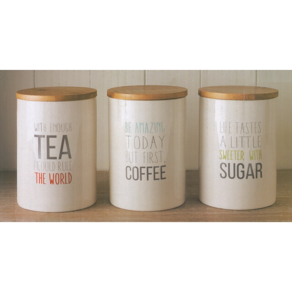 3 Retro Ceramic Storage Jars with Bamboo Lids Tea Coffee Sugar Canisters