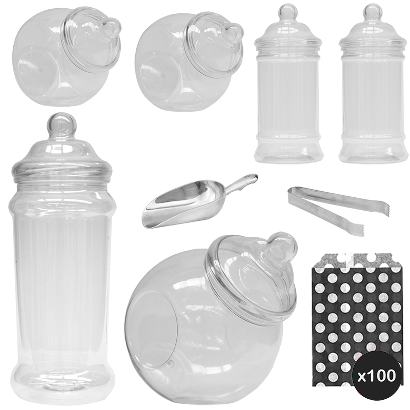 6 Vintage Plastic Sweet Jar Candy Buffet Wedding Party Kit Scoop Tong