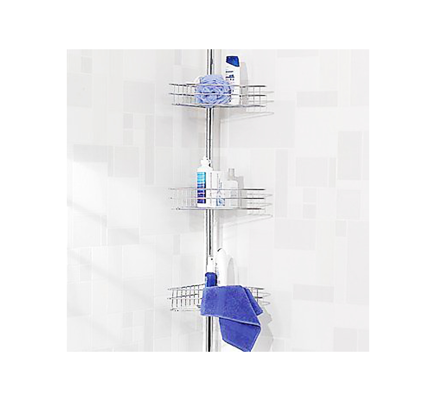 Chrome Three Shelf Corner Shower Caddy Extendable Pole Tension Rod