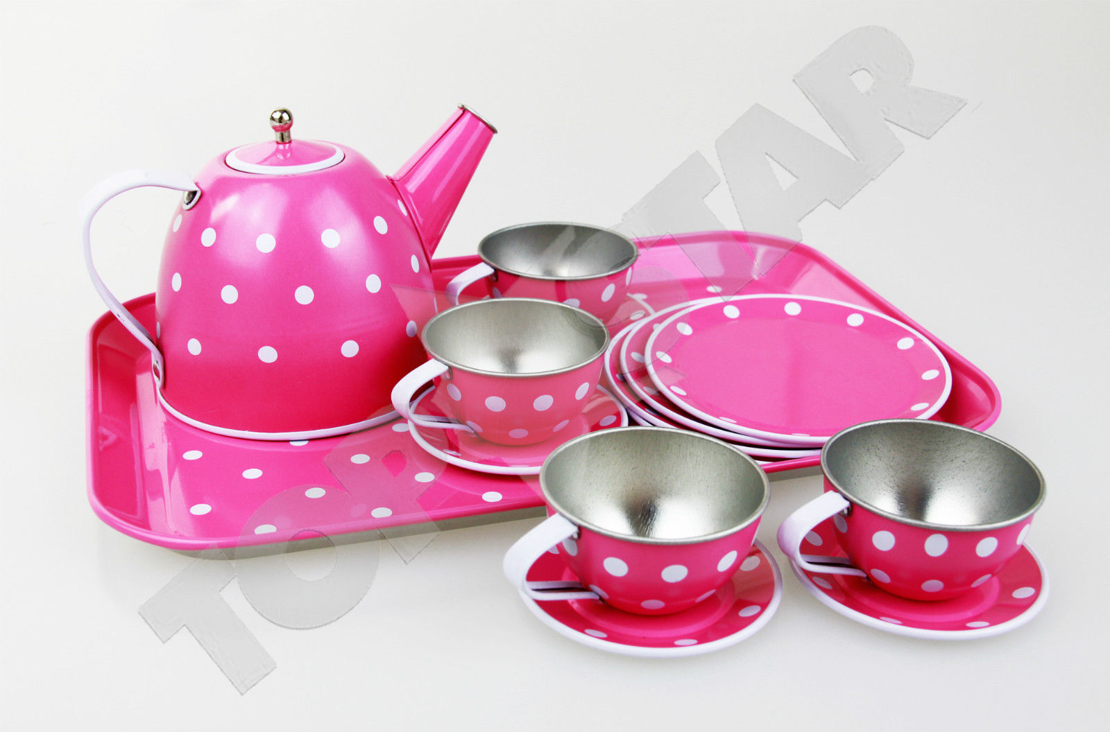 Girls Kids Vintage Tin Tea Set Role Play Toy Teapot Cups Saucers Tray