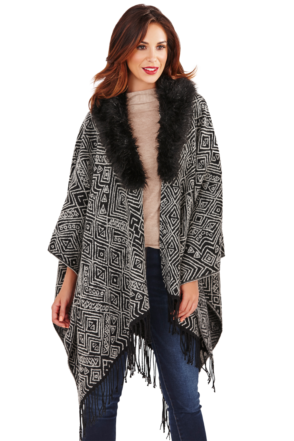 Boutique Womens Detachable Faux Fur Collar Tassel Fringe Knitted