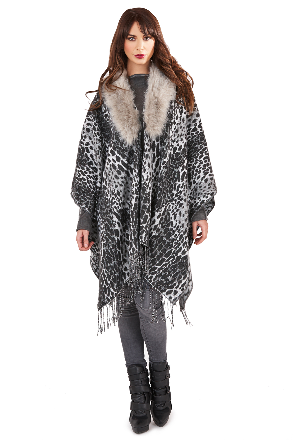 Boutique Womens Detachable Faux Fur Collar Tassel Fringe Knitted