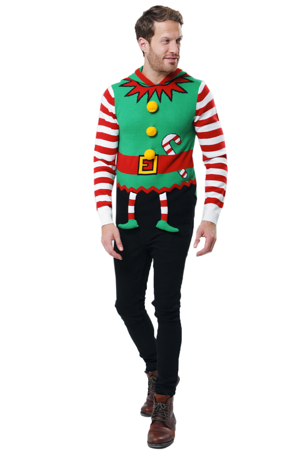 Threadbare Mens 3D Elf Suit Christmas Jumper Hooded Festive Winter Xmas Sweater 