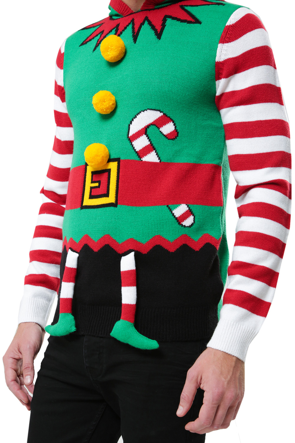 Threadbare Mens 3D Elf Suit Christmas Jumper Hooded Festive Winter Xmas Sweater 