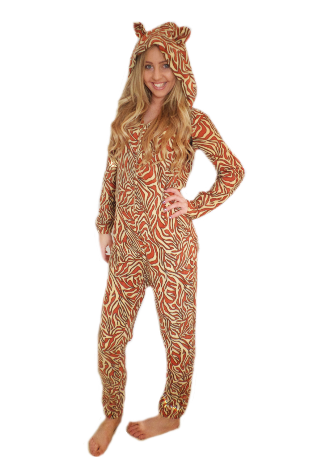 Boutique Womens Tiger Print Onesie Ladies Hooded Animal All In One With