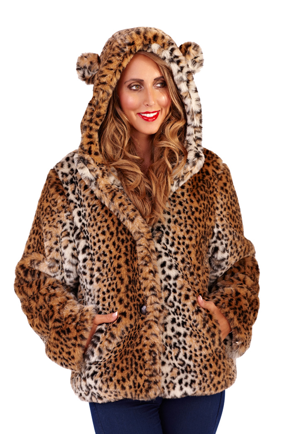 Womens Leopard Print Coat New Ladies Faux Fur Hooded Jacket With Animal