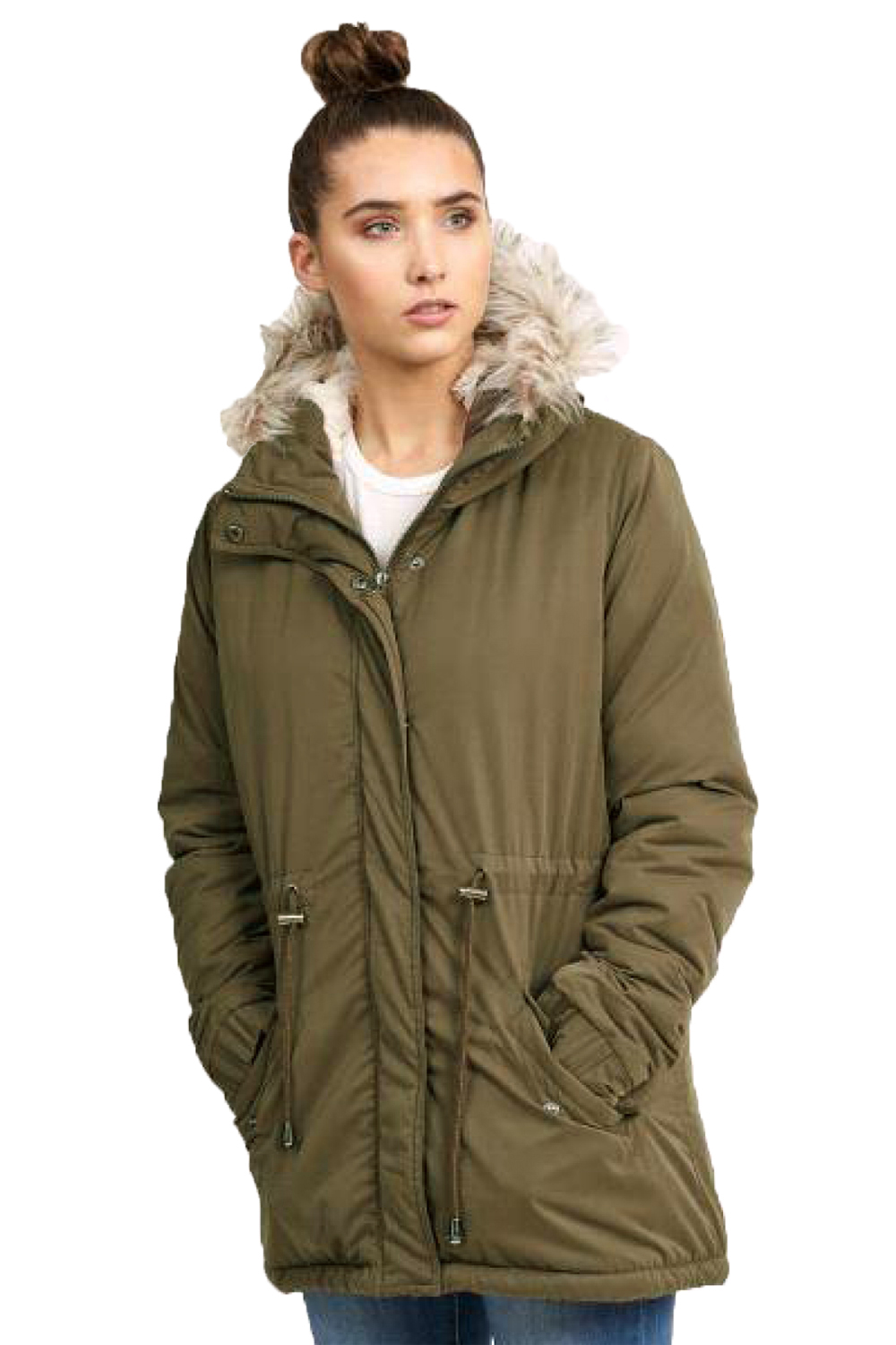 WOMENS LADIES BRAVE SOUL MILITARY LINED FUR HOODED PARKA JACKET WARM WINTER COAT
