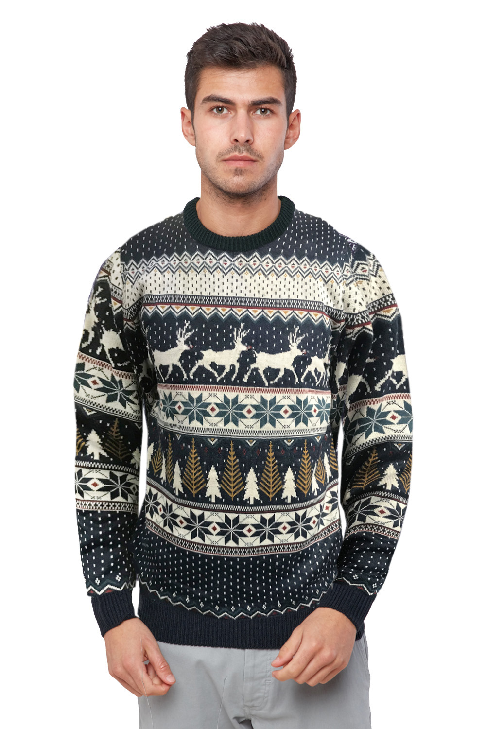 Seasons Greetings Mens Reindeer Fairisle With Lights Festive Christmas Jumper