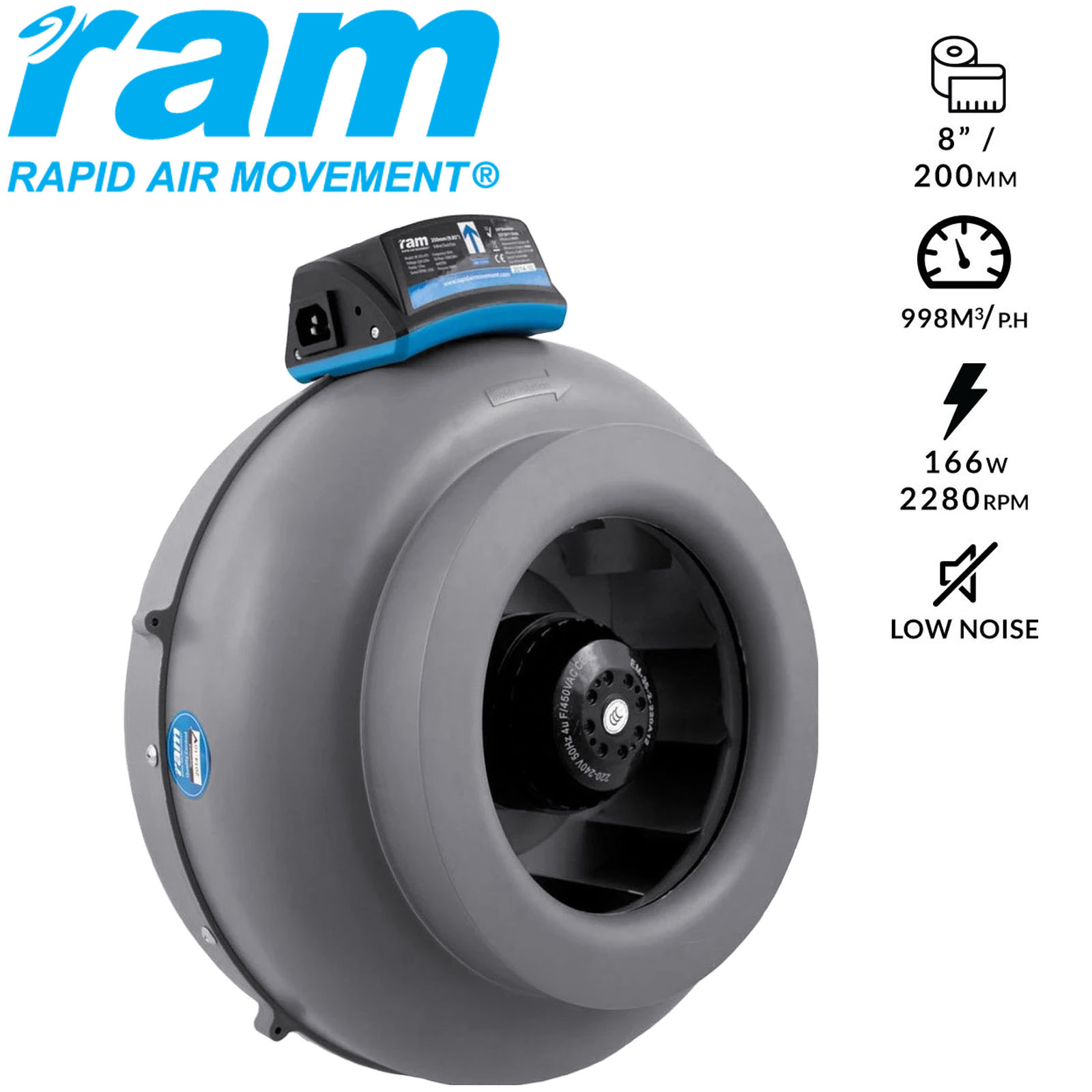 RAM 150mm - 580 CU M/hr 2 Metre UK IEC Power Lead Inline Duct Fan 