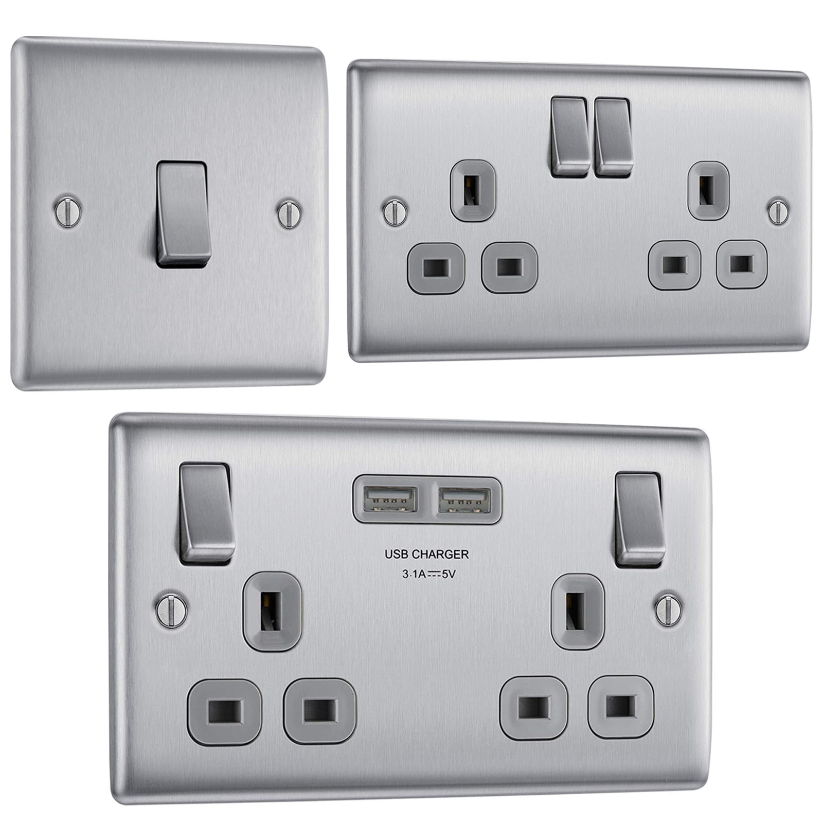 BG Nexus Brushed Chrome Wall Plug Socket Switches Cover Plate Grey