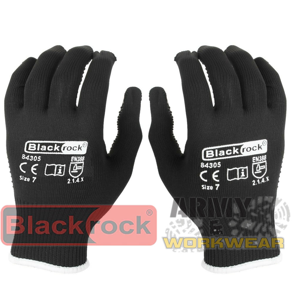 12 or 1 x Pairs Blackrock Black Polka Dot Warehouse Work Gloves PVC Dot Grip