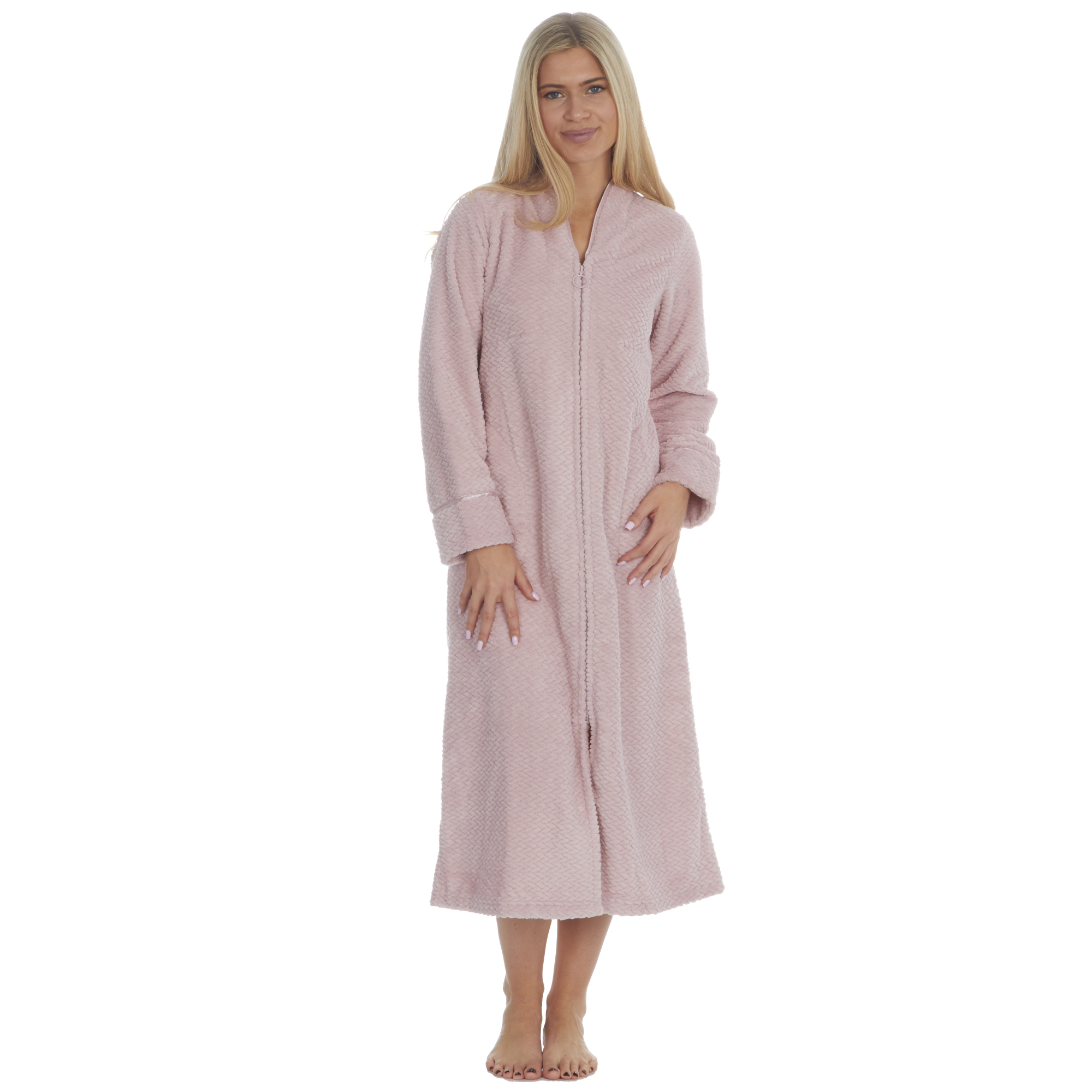 Ladies Zip Long Robe Dressing Gown Textured Bathrobe Zipper Front
