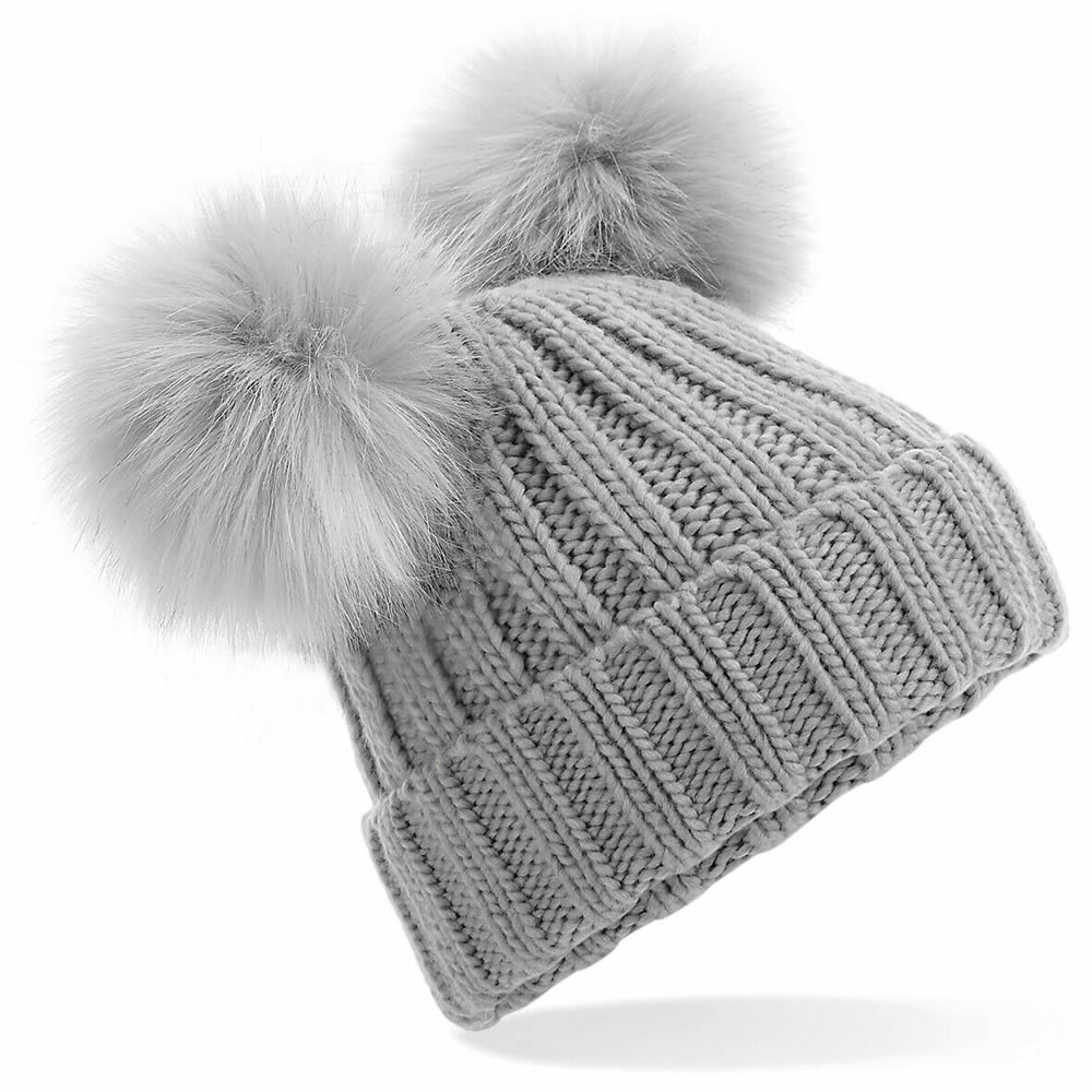 Ladies Faux Fur Double Pom Pom Beanie 