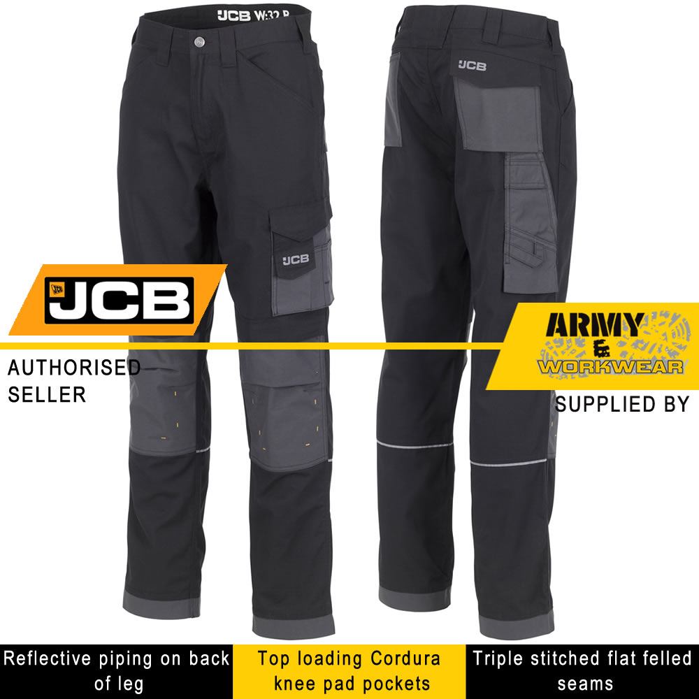 JCB Workwear Trade Rip Stop Mens Work Trousers Pants Knee Pad Pockets Black Grey 