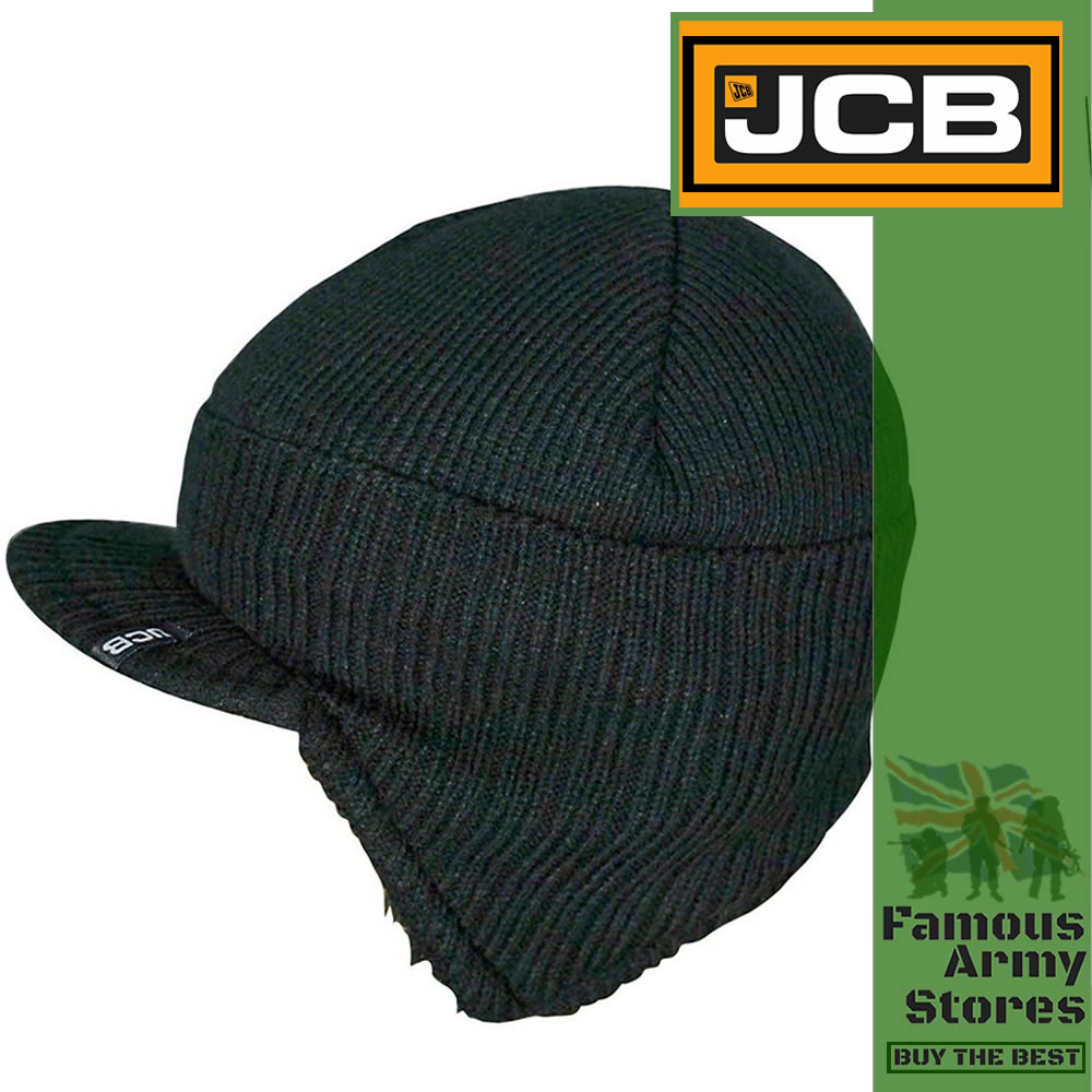 JCB Mens Black Peaked Knitted Beanie Thermal Shepra Fleece Lined Hat