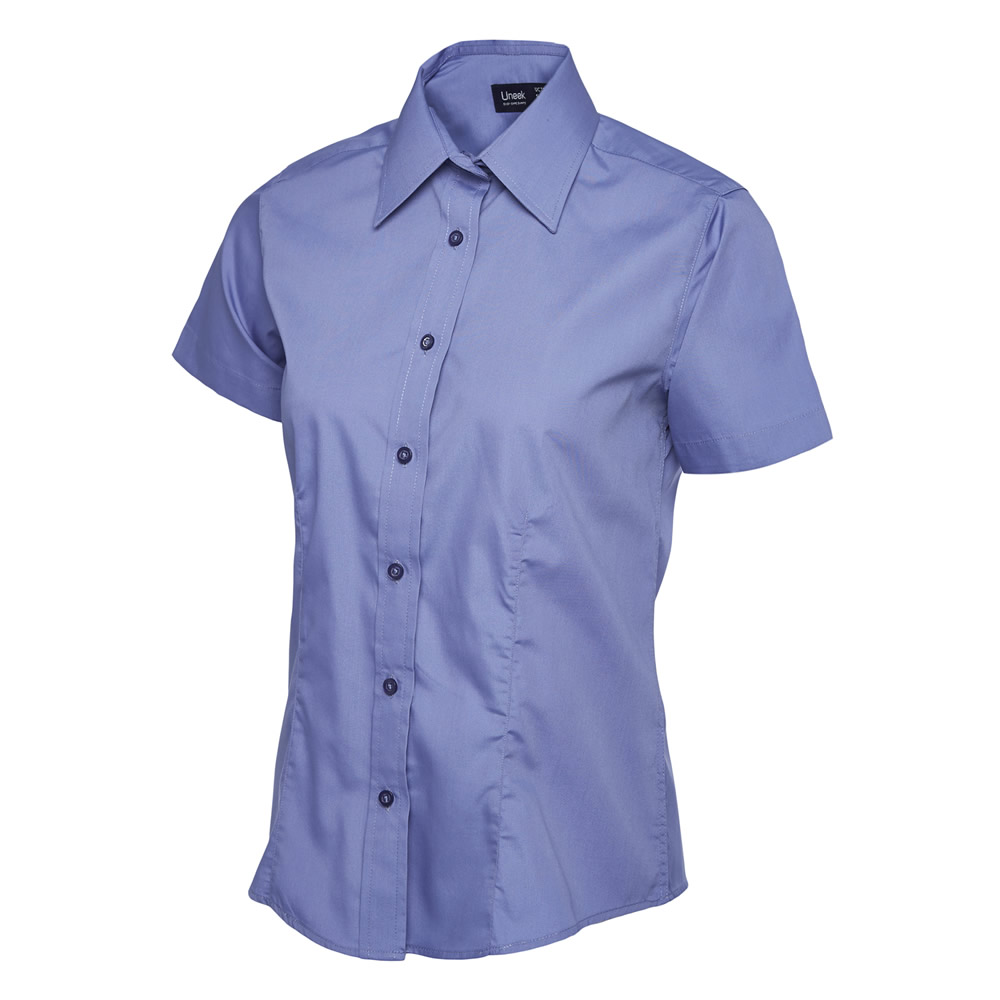 Ladies Smart Casual Short Sleeve Work Shirt Blouse Fitted Office Mid Blue
