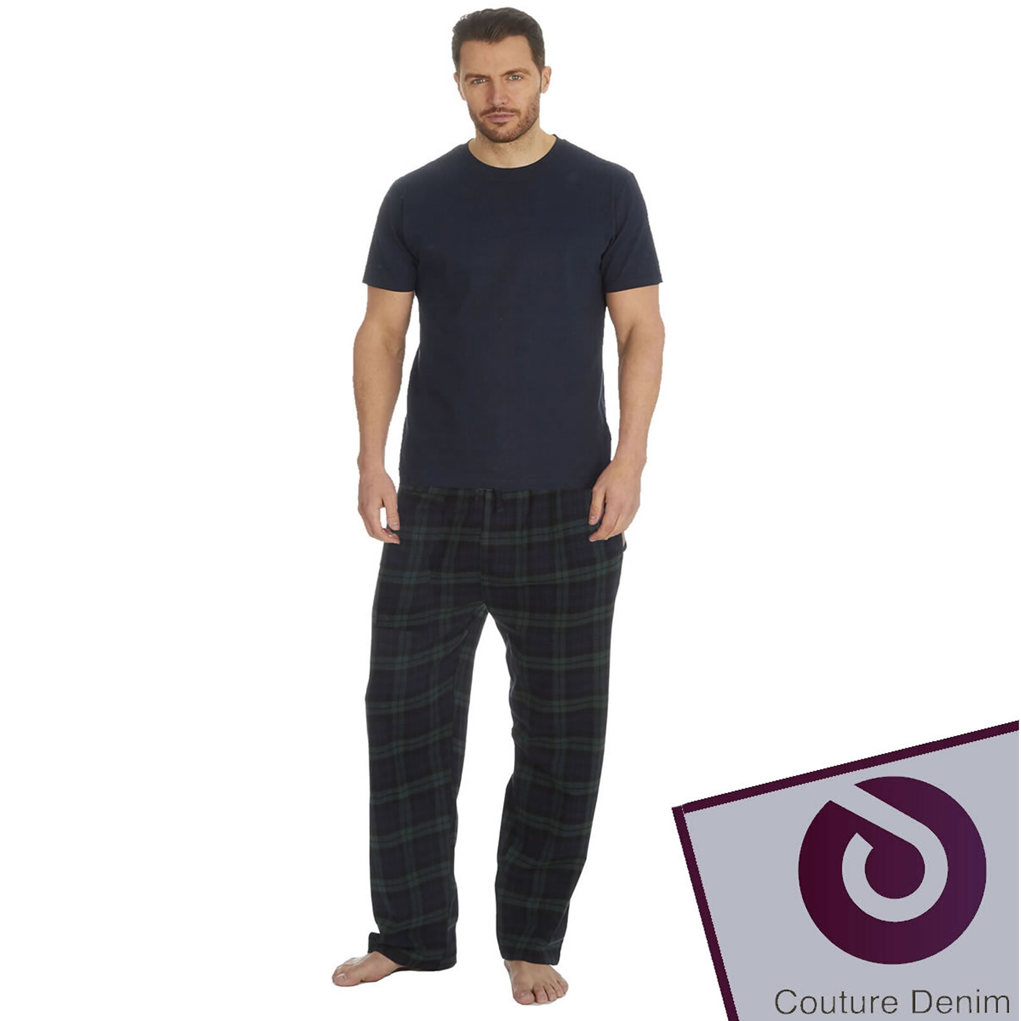 Mens Check Lounge Pyjamas Set Short Sleeve T-Shirt Flannel Trouser Bottom PJ