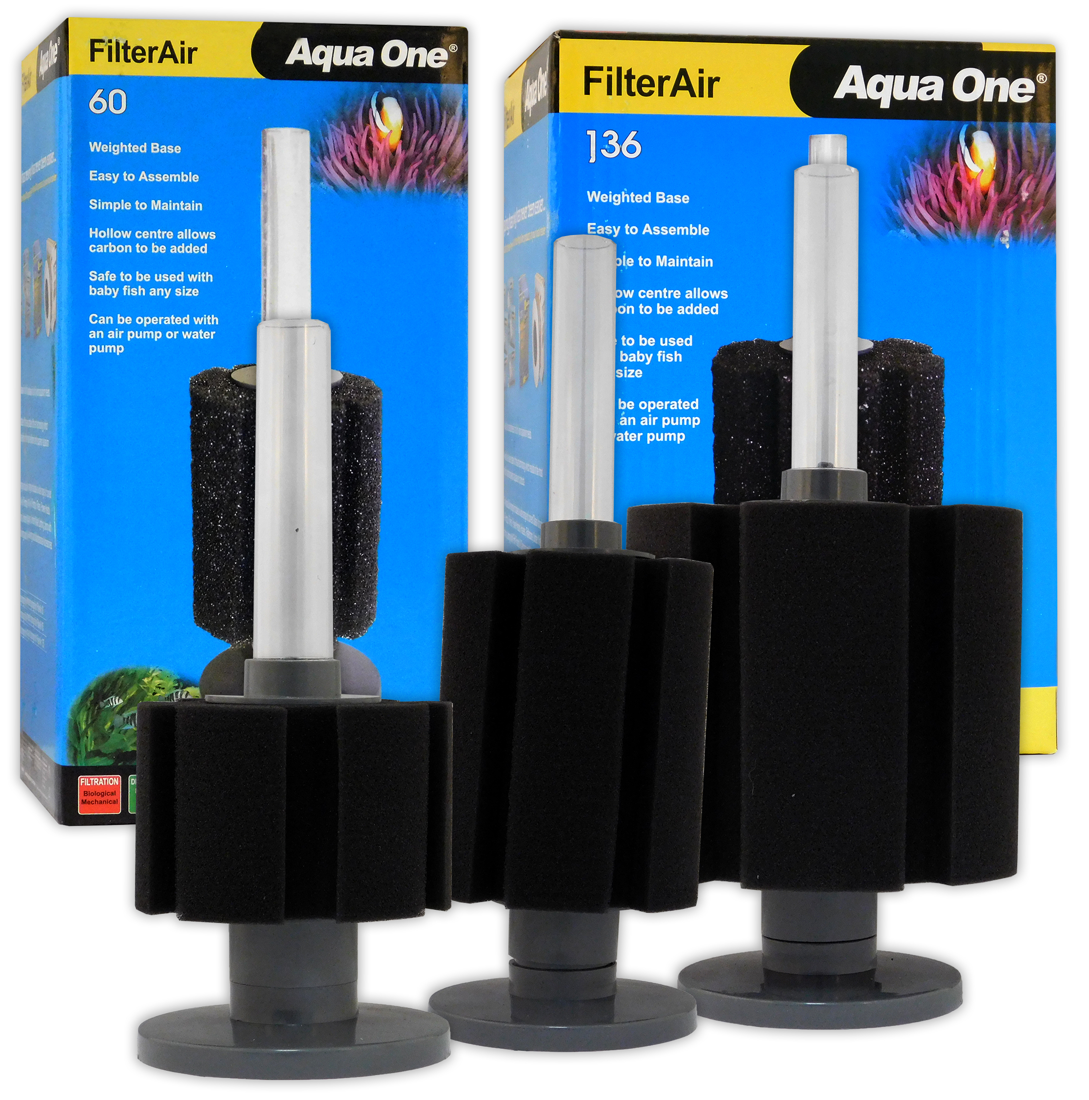 Aqua One FilterAir 30 60 136 Aeration Filter Sponge Weighted Fish Tank