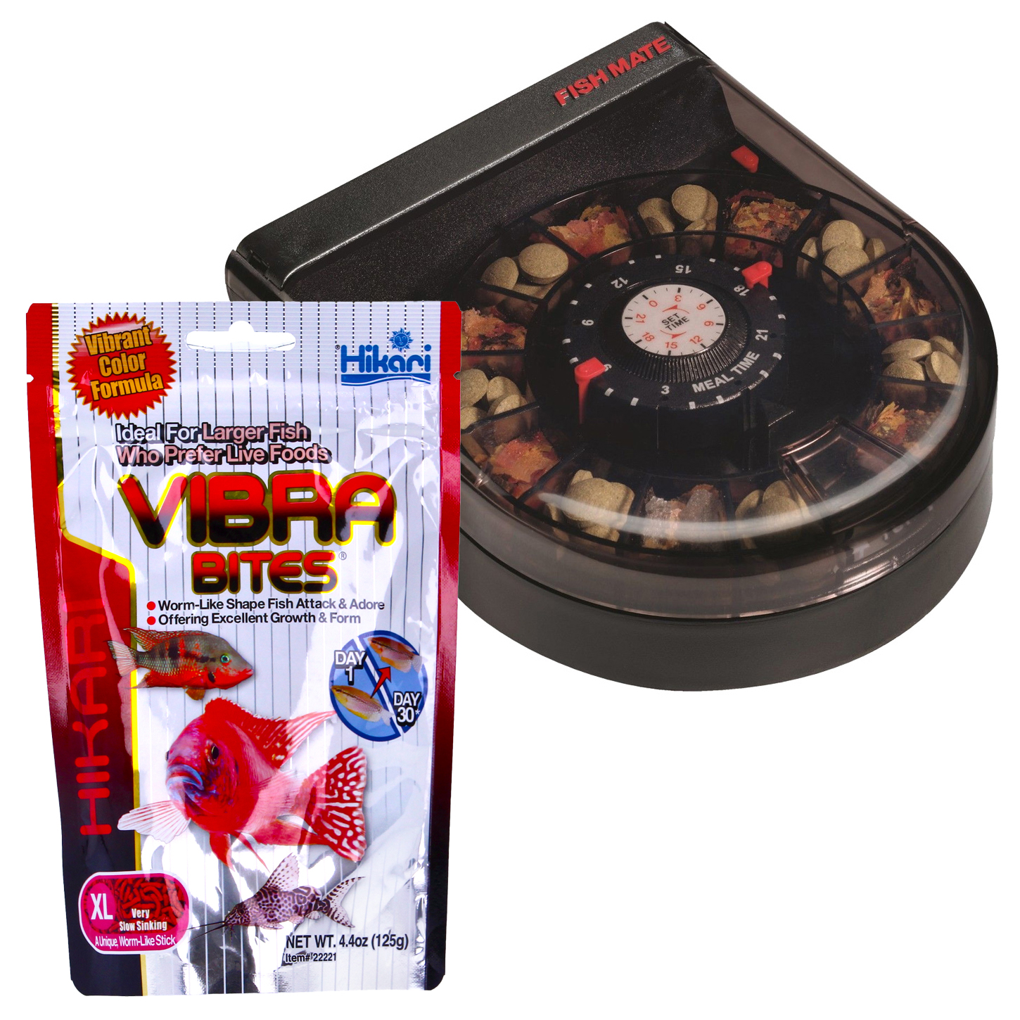 Fish Mate F14, Juwel, Fluval PF2 &amp; Oase Feeders with Vibra Bites XL 50% off Food
