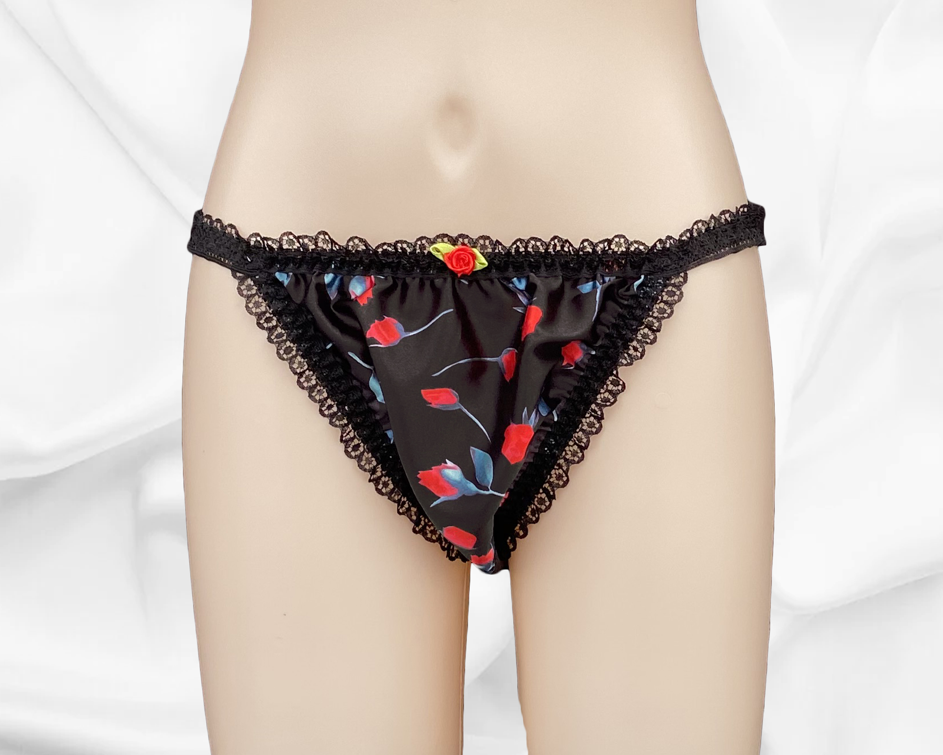 Black Satin Floral Sissy Frilly Lace Bikini Tanga Panties Knickers 4559
