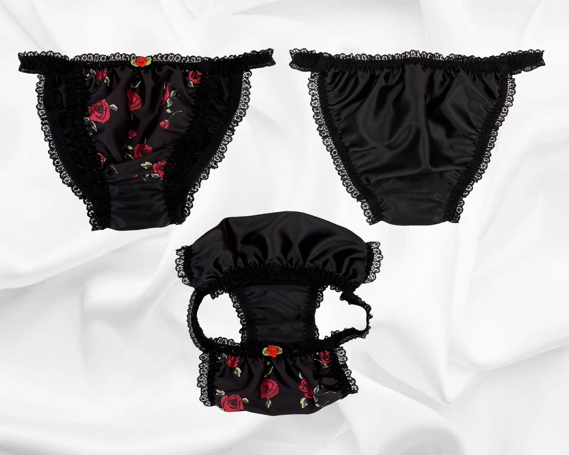 Black Satin Floral Sissy Frilly Bikini Tanga Lace Trim Panties Size 10