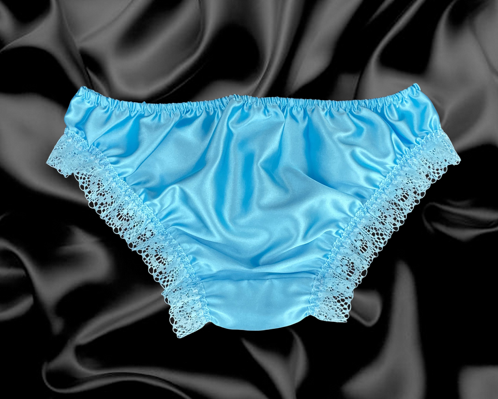 thumbnail image 2 of Satini Baby Blue Sissy Sheer Nylon Frilly Satin Bow Briefs Panties Size 10-20 2 of 6