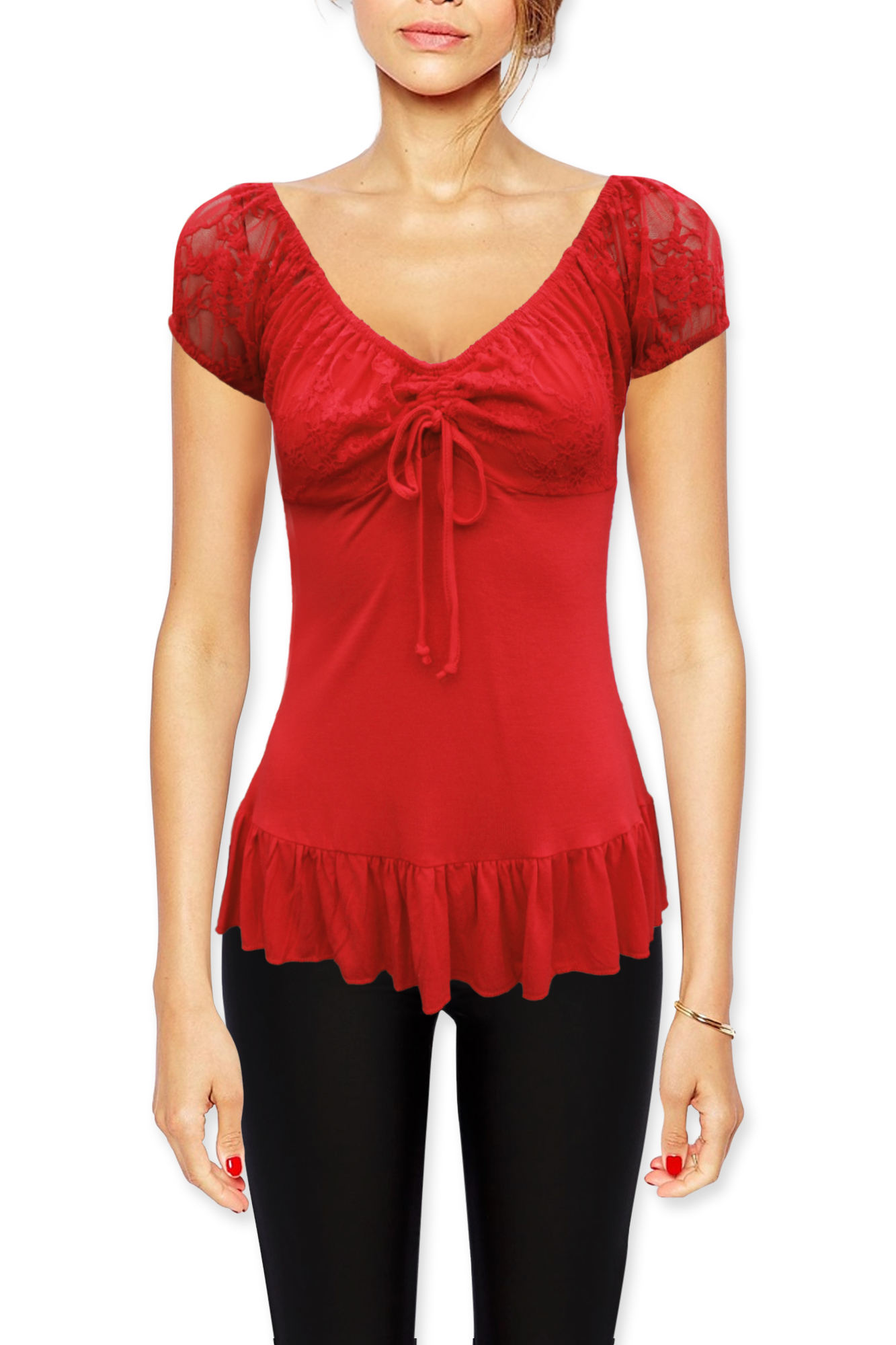 Women's Black White Red Purple Lace Cap Sleeve Gypsy Bardot Top Sizes 8 - 24 - Picture 4 of 13