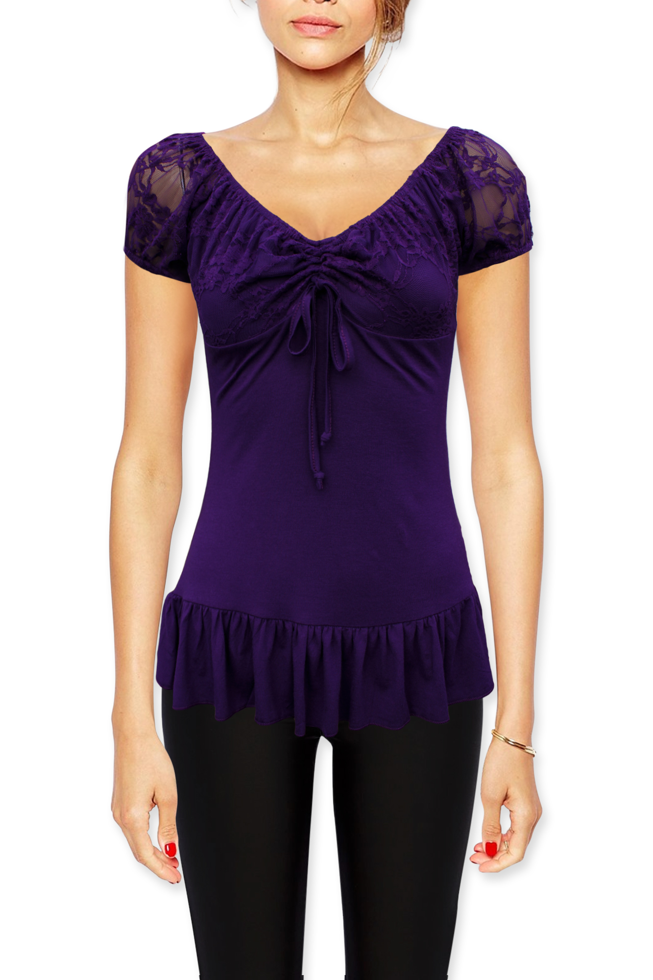 Women's Black White Red Purple Lace Cap Sleeve Gypsy Bardot Top Sizes 8 - 24 - Picture 8 of 13