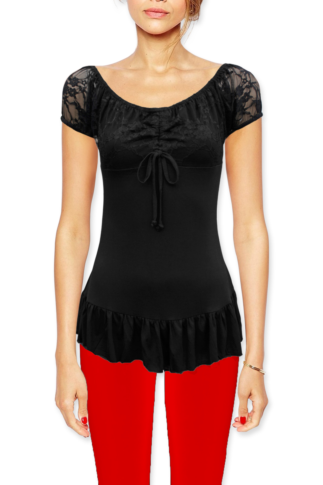 Women's Black White Red Purple Lace Cap Sleeve Gypsy Bardot Top Sizes 8 - 24 - Picture 2 of 13