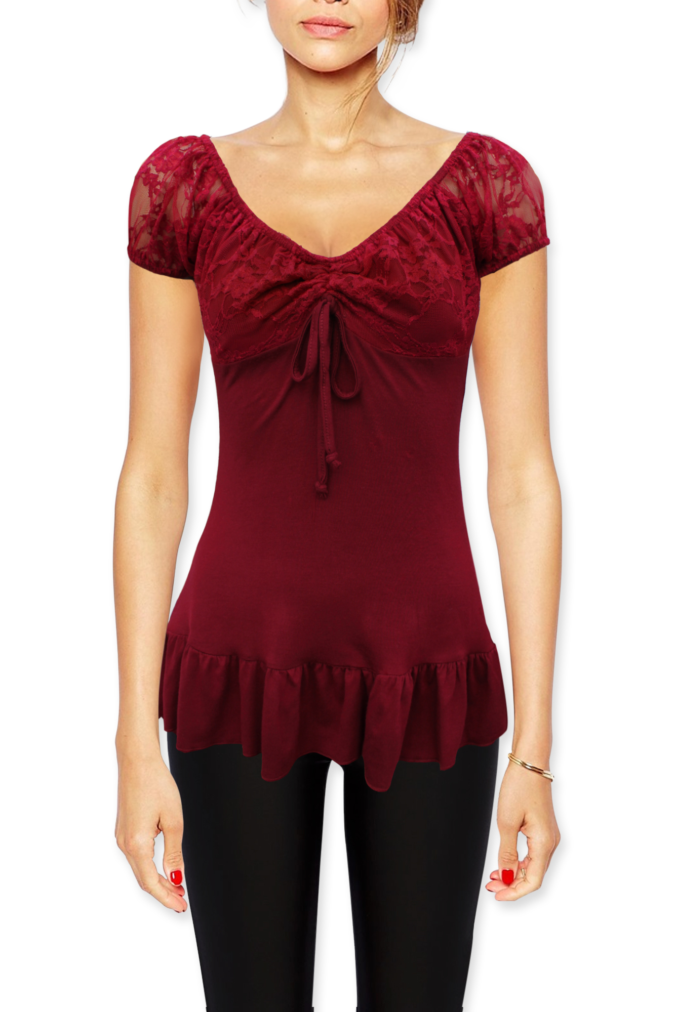 Women's Black White Red Purple Lace Cap Sleeve Gypsy Bardot Top Sizes 8 - 24 - Picture 12 of 13
